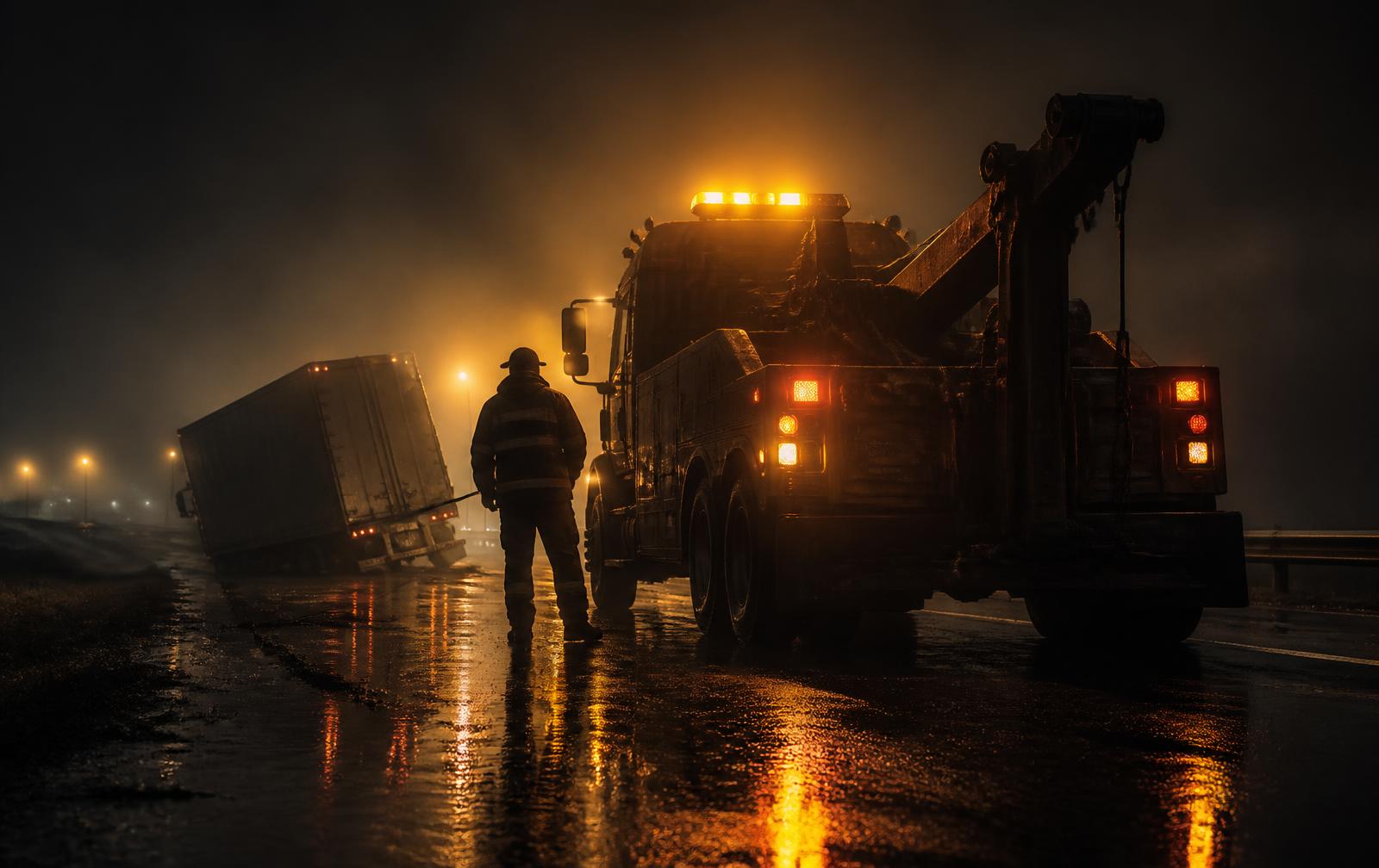 Tow operator working beside a heavy wrecker at night with amber strobe lights on a wet road