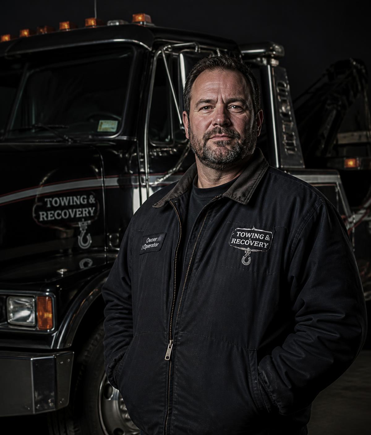 Owner operator standing in front of a dark tow truck
